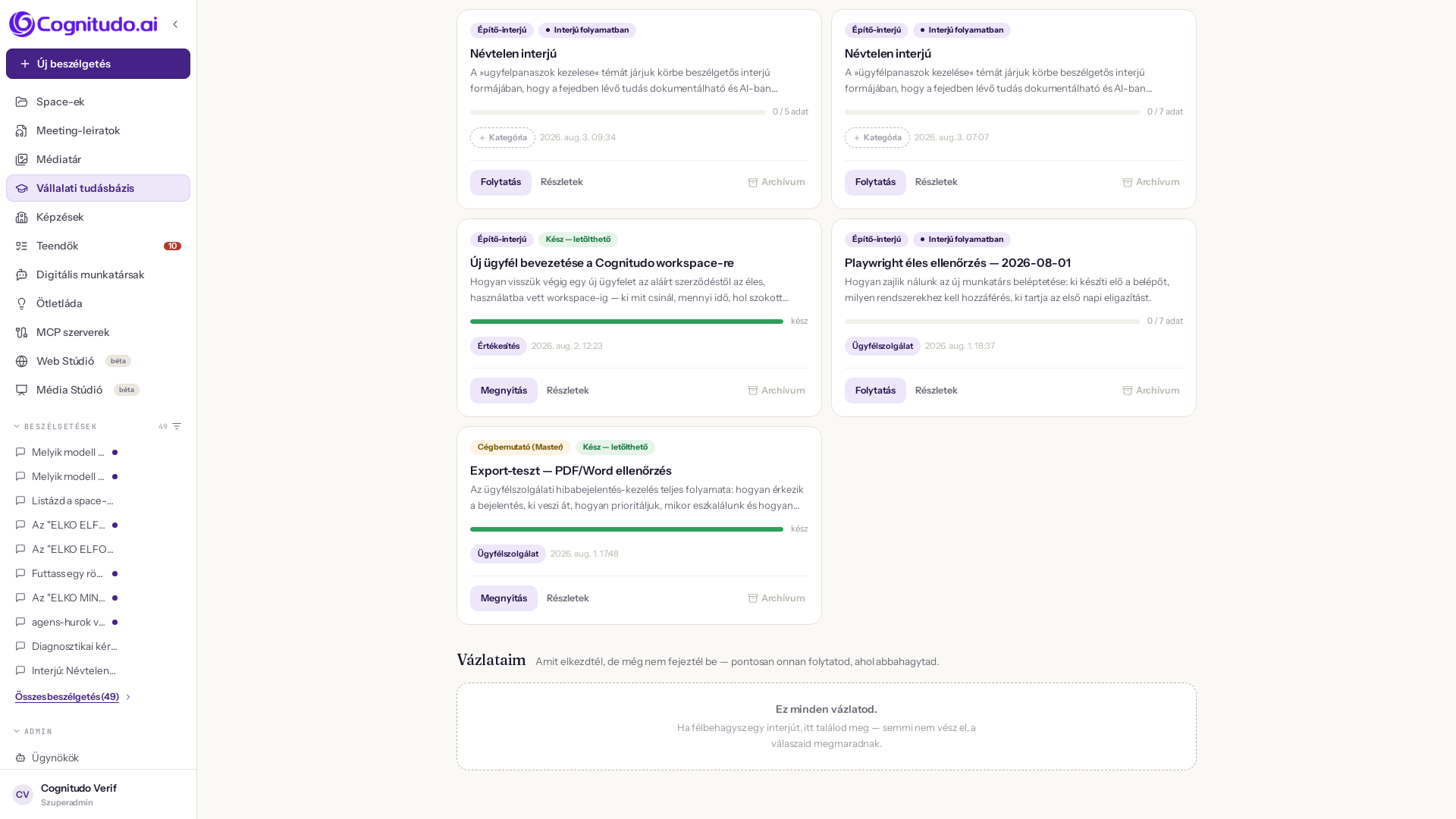 Projekt-lista kártyák életciklus-jelzésekkel és Interjú indítása gombbal