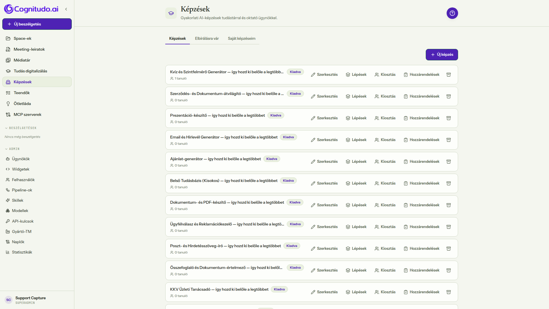 Képzések — képernyőkép